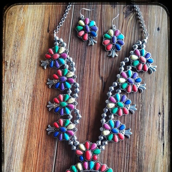 Multi Colored Squash Blossom Necklace with Earring - Picture 2 of 5